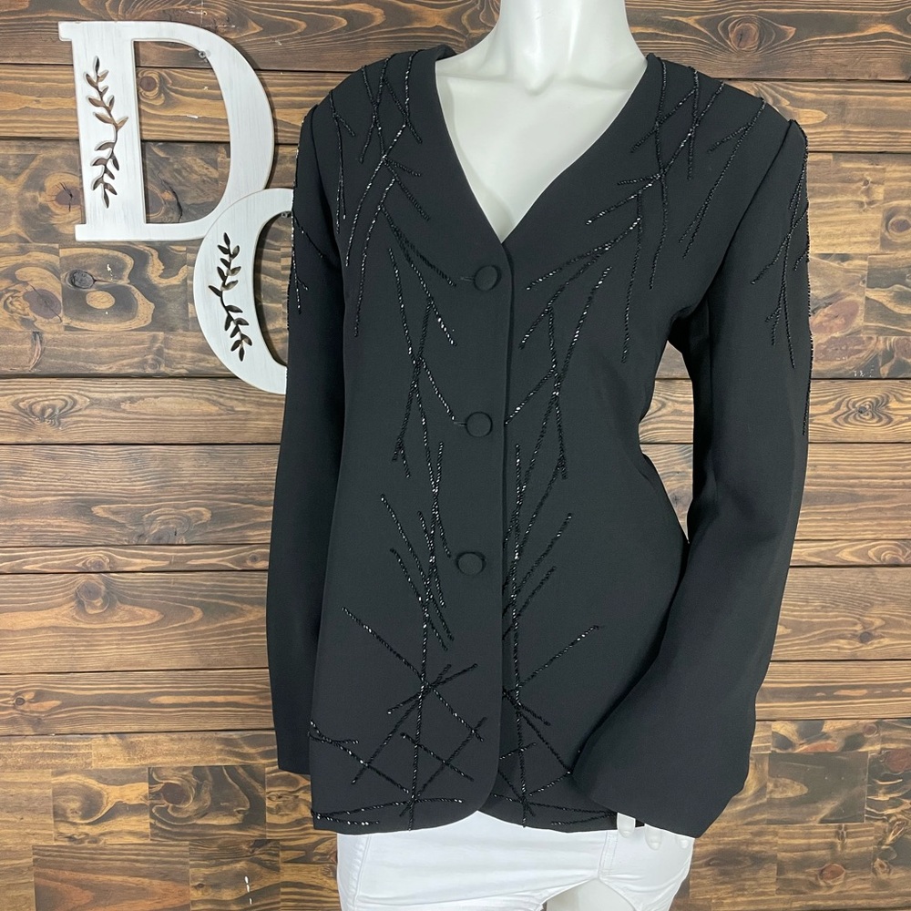 Maxie Klein | Vintage Button Down Collarless Blazer Jacket Shiny Beaded Beadwork